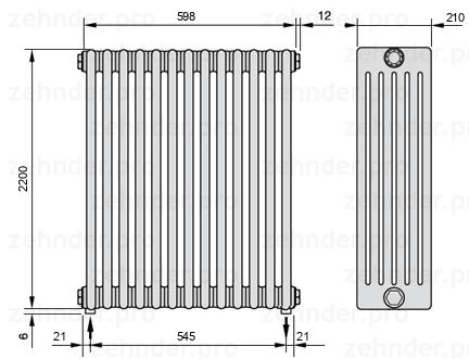 Схема (чертеж) Радиатор Zehnder Charleston 6220/13 №3570 Белый глянцевый RAL 9016